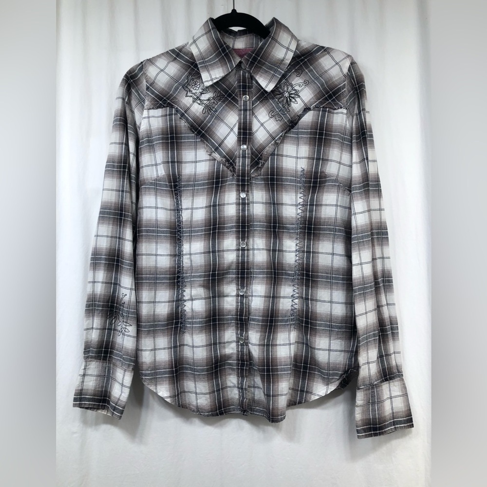 Roar Plaid Black White Embroidered Western Cowgirl Snap Button Womens Medium